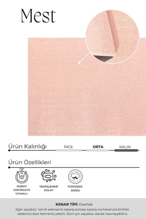 Mest Pembe Premium Kadifemsi Halı Oturma Odası-Salon-Mutfak-Kaymaz Taban -Yıkanabilir-Modern
