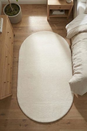 Yuma Oval Krem Peluş Halı Kaymaz Taban Yıkanabilir Mutfak Halısı Koridor Yolluk Yumuşak