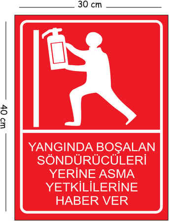 Metal Yangında Boşalan Söndürücüleri Yerine Asma Yetkililerine Haber Ver 30x40 cm A3 Uyarı İş Güven