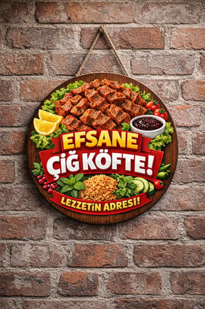 Çiğ Köfte Dükkanı İçin Duvar Kapı Tablo Süsü Ahşap Askılı Pano Tabela No 9