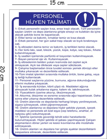 Metal Personel Hijyen Talimatı 15x20 cm Uyarı İş Güvenliği Levhası