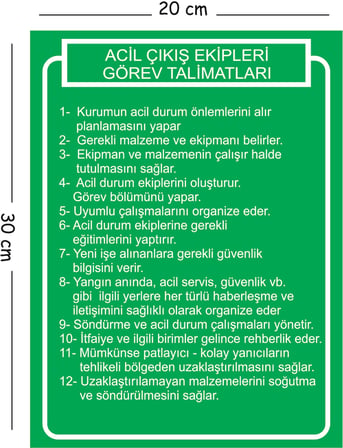 Metal Acil Çıkış Ekipleri Görev Talimatları 20x30 cm A4 Uyarı İş Güvenliği Levhası