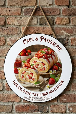 Çilekli Rulo Pasta Temalı Tatlıcılar Pastaneler Restoranlar İçin Ahşap Duvar Kapı Dekoratif Süs