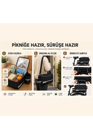 6 Litre Termal Bisiklet Arka Bagaj Çantası, Suya Dayanıklı, Reflektörlü, Suluk Cepli Sele Üstü Çanta