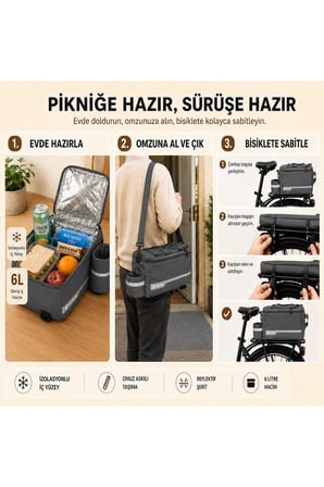 6 Litre Termal Bisiklet Arka Bagaj Çantası, Suya Dayanıklı, Reflektörlü, Suluk Cepli Sele Üstü Çanta