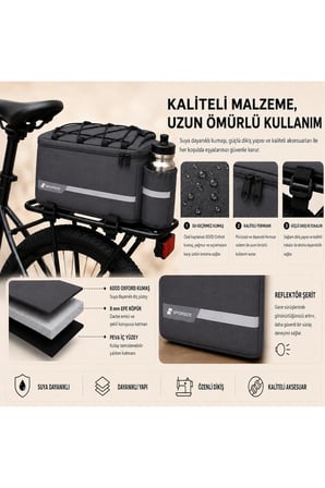 6 Litre Termal Bisiklet Arka Bagaj Çantası, Suya Dayanıklı, Reflektörlü, Suluk Cepli Sele Üstü Çanta