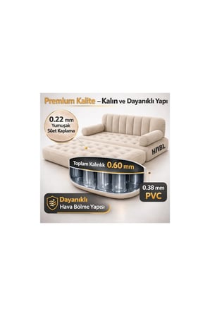 Çift Kişilik 2’si 1 Arada Kendi Kendine Şişen Şarjlı Şişme Koltuk ve Yatak 190x150x65cm