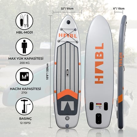 Şişme Sup Board 81*320*15CM Setli Gri Su Sporları İçin Dayanıklı ve Konforlu Kullanım