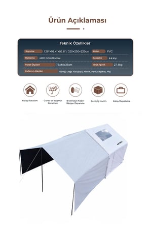 8 Kişilik 8 m² – Tenteli Gölgelikli, 4 Mevsim, Su Geçirmez 420D Oxford Kumaşlı Şişme Çadır 320*250*220cm