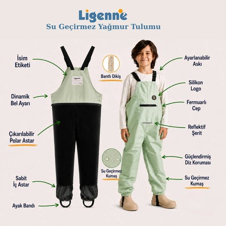 Ligenne Su Geçirmez Çocuk Yağmur Tulumu, Çıkarılabilir Polar Astarlı, Bantlı Dikişli | Pure Sage