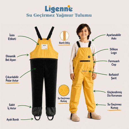 Ligenne Su Geçirmez Çocuk Yağmur Tulumu, Çıkarılabilir Polar Astarlı, Bantlı Dikişli | Pure Mustard