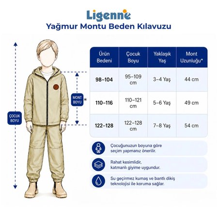 Ligenne Su Geçirmez Çocuk Yağmur Montu | Polar Astarlı Kapüşonlu Çocuk Yağmurluk | Pure Mustard