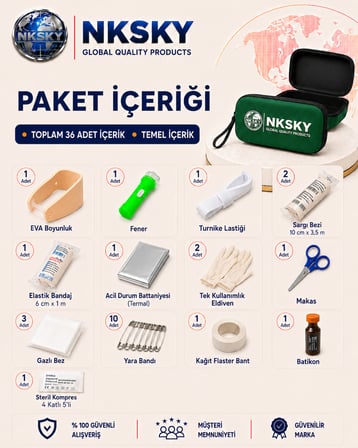 36 Parça İlk Yardım Çantası, Yeşil EVA Çantalı İlk Yardım Seti, Bilek Askılı Ecza Çantası