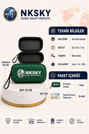 36 Parça İlk Yardım Çantası, Yeşil EVA Çantalı İlk Yardım Seti, Bilek Askılı Ecza Çantası