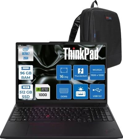 Lenovo Thinkpad P16S Gen4 Intel Core Ultra 7 265H 96GB 512GB SSD 8GB/RTXPRO1000 Blackwell 16" Wuxga IPS 500NITS 60Hz Wi-Fi7 Windows 11 Home Taşınabilir Iş Istasyonu 21QV0010TXH29 + Zettaçanta