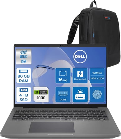Dell Promax 16 MC16250 Intel Core Ultra 7 255H 80GB 4tb SSD 8GB/RTXPRO1000 Blackwell 16" Wuxga IPS 300NITS 60Hz Wi-Fi7 Windows 11 Pro Taşınabilir Iş Istasyonu APROMAX1604P28 + Zettaçanta