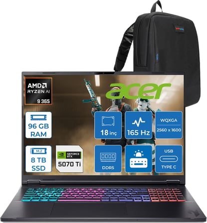 Acer Nitro 18 Ryzen Aı 9 365 96GB 8tb SSD 12GB/RTX5070TI/115W 18" Qhd (2560 x 1600) 165Hz Mat IPS Freedos Gaming Bilgisayar NHQYFEY001F56 + Zettaçanta