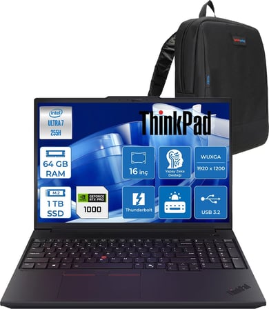 Lenovo Thinkpad P16V Gen3 Intel Core Ultra 7 255H 64GB 512GB+512GB SSD 8GB/RTXPRO1000 Blackwell 16" Wuxga IPS 400NITS Freedos Taşınabilir Iş Istasyonu 21RS0006TXF38 + Zettaçanta