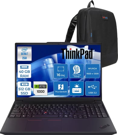 Lenovo Thinkpad P16V Gen3 Intel Core Ultra 7 255H 40GB 512GB SSD 8GB/RTXPRO1000 Blackwell 16" Wuxga IPS 400NITS Windows 11 Pro Taşınabilir Iş Istasyonu 21RS0006TXP13 + Zettaçanta