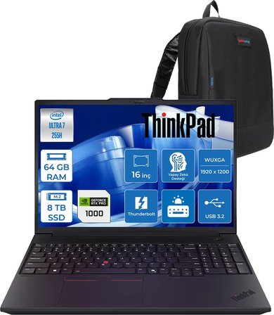 Lenovo Thinkpad P16V Gen3 Intel Core Ultra 7 255H 64GB 8tb SSD 8GB/RTXPRO1000 Blackwell 16" Wuxga IPS 400NITS Windows 11 Pro Taşınabilir Iş Istasyonu 21RS0006TXF54 + Zettaçanta