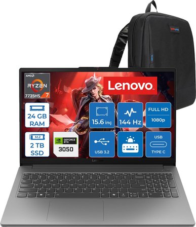Lenovo Loq Essential 15ARP10 Amd Ryzen 7 7735HS 24GB 2tb SSD 6GB/RTX3050/65W 15.6" Fhd IPS 300NITS, 100% Srgb 144Hz Freedos Gaming Bilgisayar 83S00033TRF07 + Zettaçanta