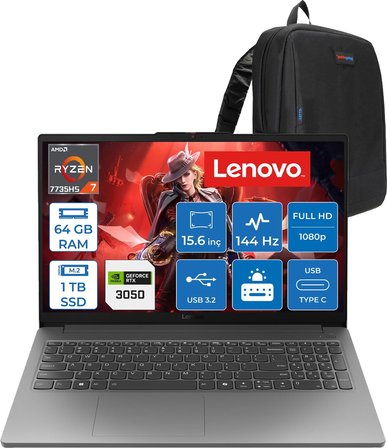 Lenovo Loq Essential 15ARP10 Amd Ryzen 7 7735HS 64GB 1tb SSD 6GB/RTX3050/65W 15.6" Fhd IPS 300NITS, 100% Srgb 144Hz Windows 11 Pro Gaming Bilgisayar 83S00033TRP22 + Zettaçanta