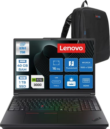 Lenovo Thinkpad P16 Gen3 Intel Core Ultra 9 275HX 40GB 1tb SSD 12GB/RTXPRO3000 Blackwell 16" Wuxga (1920X1200) IPS 500NITS Windows 11 Pro Aı Machine Learning Iş Istasyonu 21RQ000JTXP14 + Zettaçanta
