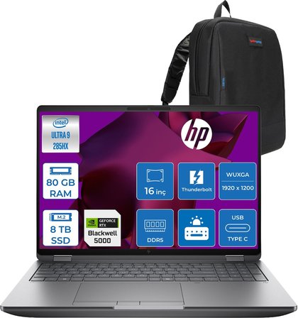 Hp Zbook Fury G1I Intel Ultra 9 285HX Ddr5 80GB 8tb SSD 24GB/RTXPRO5000 Wuxga 400NITWi-Fi 7+Bt 5.4 Windows 11 Pro Aı Iş Istasyonu 5F9T8ESF55 + Zettaçanta