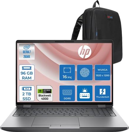 Hp Zbook Fury 16 G1I Intel Ultra 7 265HX Ddr5 96GB 2tb SSD 16GB/RTXPRO4000 Blackwell 16" Wuxga IPS 400NIT Wi-Fi7+Bt 5.4 Freedos Aı Iş Istasyonu C65H8ESF31 + Zettaçanta