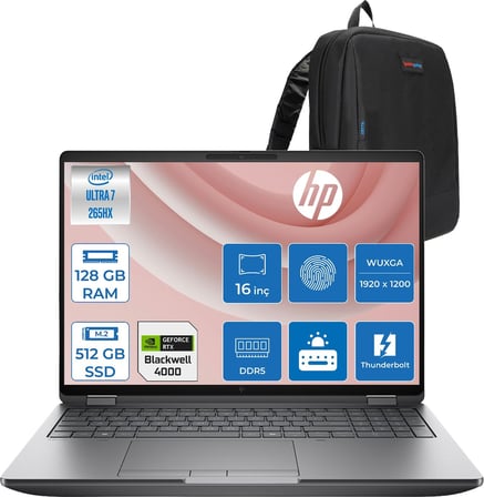 Hp Zbook Fury 16 G1I Intel Ultra 7 265HX Ddr5 128GB 512GB SSD 16GB/RTXPRO4000 Blackwell 16" Wuxga IPS 400NIT Wi-Fi7+Bt 5.4 Windows 11 Pro Aı Iş Istasyonu C65H8ESP41 + Zettaçanta