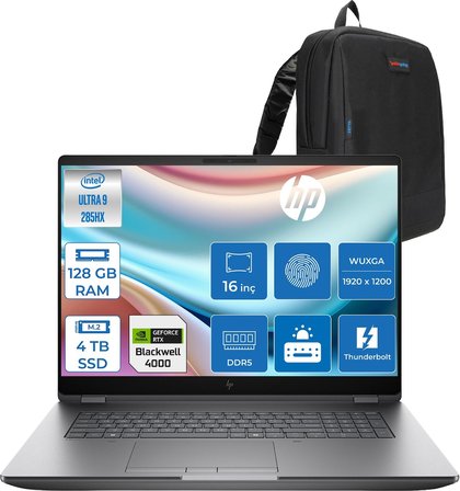 Hp Zbook Fury G1I Intel Ultra 9 285HX Ddr5 128GB 4tb SSD 16GB/RTXPRO4000 Blackwell Wuxga (1920 x 1200) IPS 400NIT Wi-Fi7+Bt 5.4 Windows 11 Pro Aı Iş Istasyonu 5F9Q9ESP44 + Zettaçanta