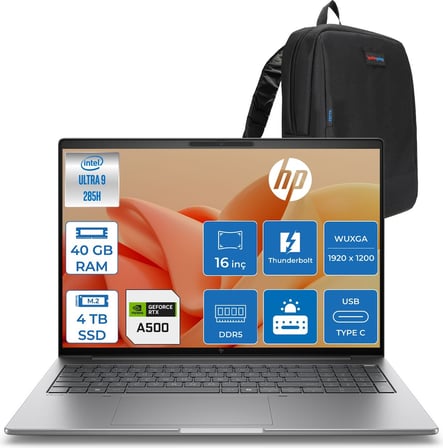 Hp Zbook 8 G1I Ultra 9 285H Ddr5 40GB 4tb SSD 4GB/RTX500ADA 16" Wuxga (1920 x 1200) 400NIT Wi-Fi7+Bt 5.4 Freedos Aı Iş Istasyonu B30HJESF16 + Zettaçanta