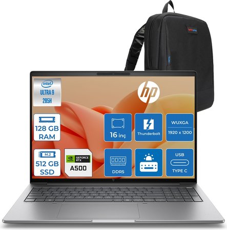 Hp Zbook 8 G1I Ultra 9 285H Ddr5 128GB 512GB SSD 4GB/RTX500ADA 16" Wuxga (1920 x 1200) 400NIT Wi-Fi7+Bt 5.4 Freedos Aı Iş Istasyonu B30HJESF41 + Zettaçanta