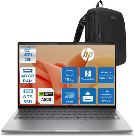 Hp Zbook 8 G1I Ultra 9 285H Ddr5 40GB 8tb SSD 4GB/RTX500ADA 16" Wuxga (1920 x 1200) 400NIT Wi-Fi7+Bt 5.4 Windows 11 Pro Aı Iş Istasyonu B30HJESF52 + Zettaçanta