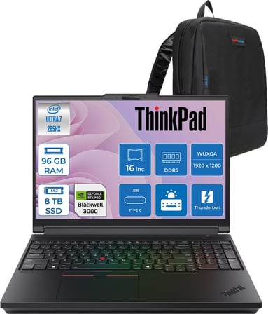 Lenovo Thinkpad P16 G3 Intel Ultra 7 265HX Ddr5 96GB 8tb SSD 12GB/RTXPRO3000 Blackwell 16" Wuxga IPS 500NITS Wi-Fi7 +Bt 5.4 Freedos Aı Iş Istasyonu 21RQ000CTXF56 + Zettaçanta