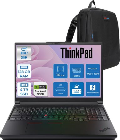 Lenovo Thinkpad P16 G3 Intel Ultra 7 265HX Ddr5 128GB 4tb SSD 12GB/RTXPRO3000 Blackwell 16" Wuxga IPS 500NITS Wi-Fi7 +Bt 5.4 Windows 11 Pro Aı Iş Istasyonu 21RQ000CTXP44 + Zettaçanta