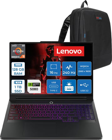 Lenovo Legion Pro 7 Amd Ryzen 9 9955HX3D 128GB 1tb SSD 16GB/RTX5080/175W 16" Wqxga (2560X1600) OLED 1000NITS 240Hz Freedos Gaming Bilgisayar L83RU0031TRF42 + Zettaçanta