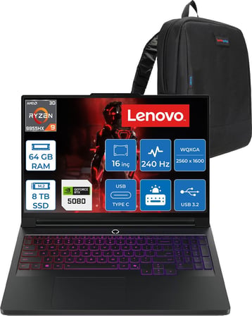 Lenovo Legion Pro 7 Amd Ryzen 9 9955HX3D 64GB 8tb SSD 16GB/RTX5080/175W 16" Wqxga (2560X1600) OLED 1000NITS 240Hz Freedos Gaming Bilgisayar L83RU0031TRF54 + Zettaçanta