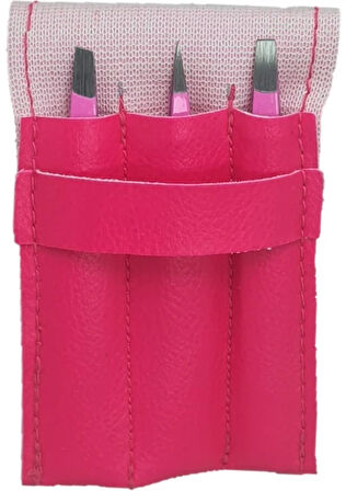 Twiezers TWZSET3331 Deri Çantalı 3'lü Paslanmaz Çelik Cımbız Seti - Pembe/Pembe