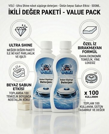 Ultra-Shine Robot Süpürge Deterjanı – Üstün Beyaz Sabun Etkisi (2 Adet x 500 ml • 100 Kullanım) 