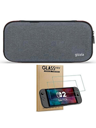 gizala Switch 2 Slim Taşıma Çantası + Switch 2 Temperli Cam Ekran Koruyucu 2li Bundle Paket