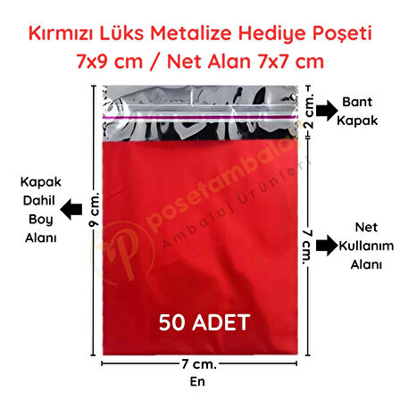 7x9 cm Kırmızı Renk Bantlı Lüks Metalize Hediyelik Poşet (50 Adet)