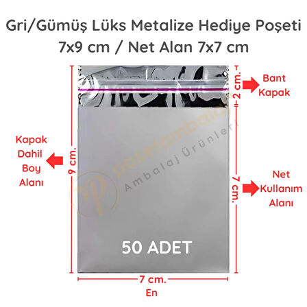 7x9 cm Gümüş Renk Bantlı Lüks Metalize Hediyelik Poşet (50 Adet)