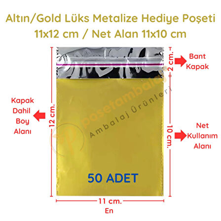 11x12 cm Altın Renk Bantlı Lüks Metalize Hediyelik Poşet (50 Adet)