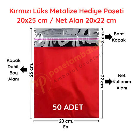 20x25 cm Kırmızı Renk Bantlı Lüks Metalize Hediyelik Poşet (50 Adet)