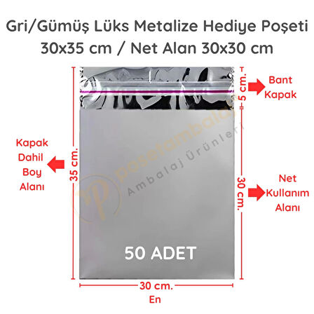 30x35 cm Gümüş Renk Bantlı Lüks Metalize Hediyelik Poşet (50 Adet)