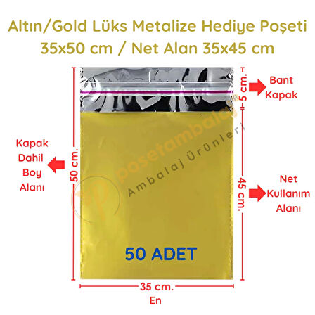 35x50 cm Altın Renk Bantlı Lüks Metalize Hediyelik Poşet (50 Adet)