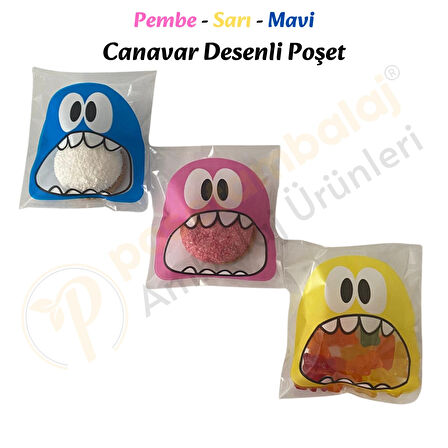 50 Adet Pembe-Sarı-Mavi Renkli Canavar Desenli Cake Pop & Kurabiye Poşeti-10x15 cm