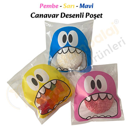 100 Adet Pembe-Sarı-Mavi Renkli Canavar Desenli Cake Pop & Kurabiye Poşeti-10x15 cm