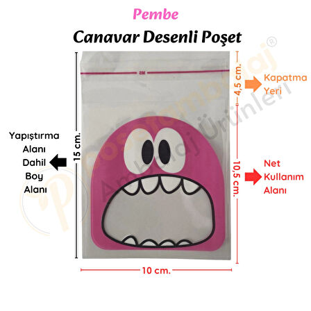 100 Adet Pembe-Sarı-Mavi Renkli Canavar Desenli Cake Pop & Kurabiye Poşeti-10x15 cm